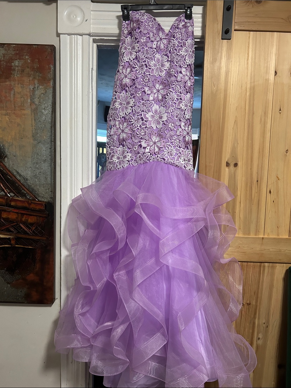 Jasz Couture Lavender Floral Strapless Mermaid Gown with Ruffled Organza Skirt